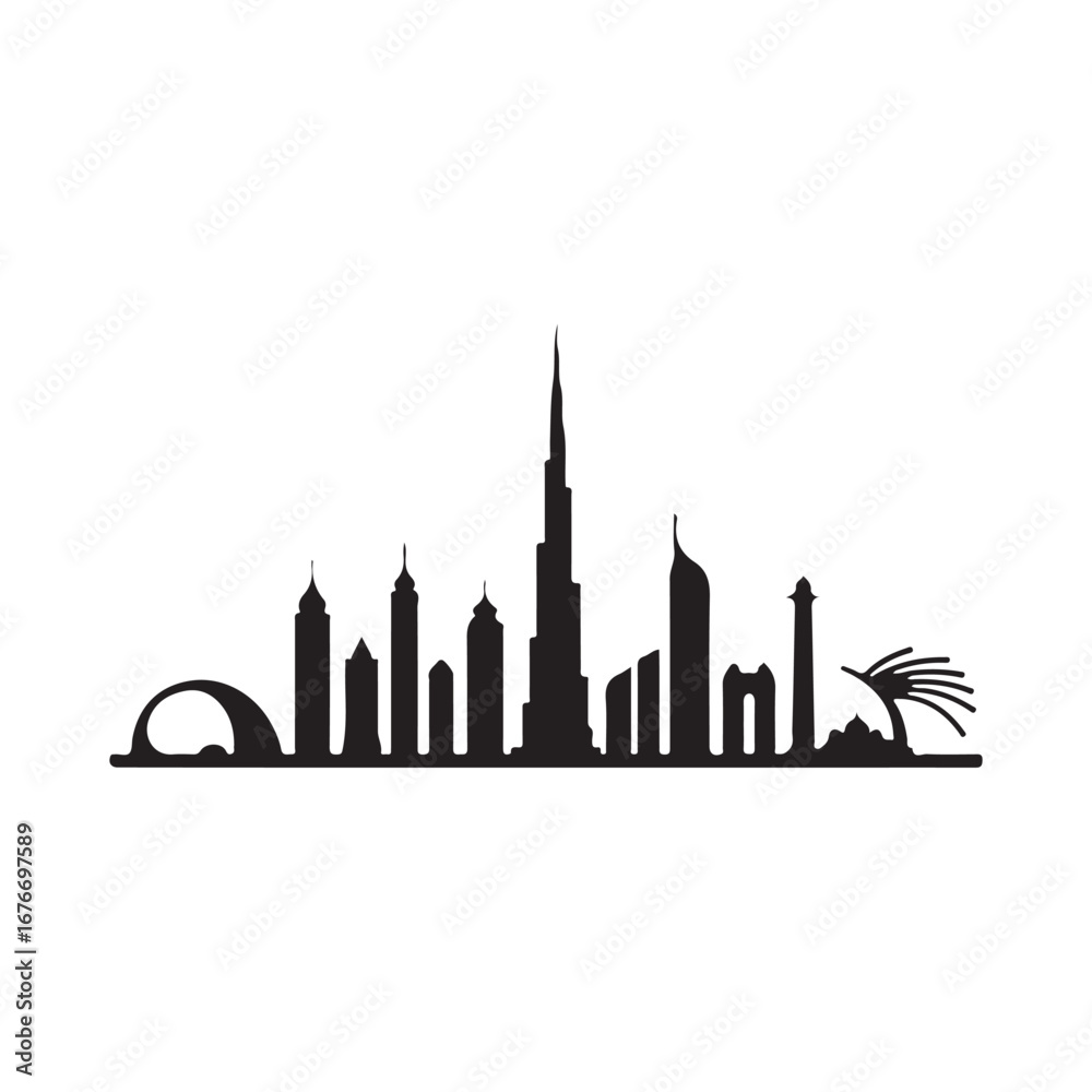Naklejka premium Bold black Dubai skyline logo ideal for travel agencies and real estate firms A sleek identity featuring iconic city elements silhouette vector flat illustration design on white background