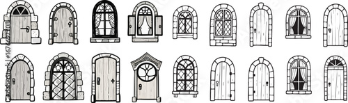Charming collection of hand-drawn fantasy doors and windows, perfect for storybook illustrations or game design