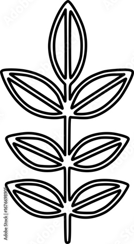 A stylized black and white illustration of a plant stem with multiple leaves.
