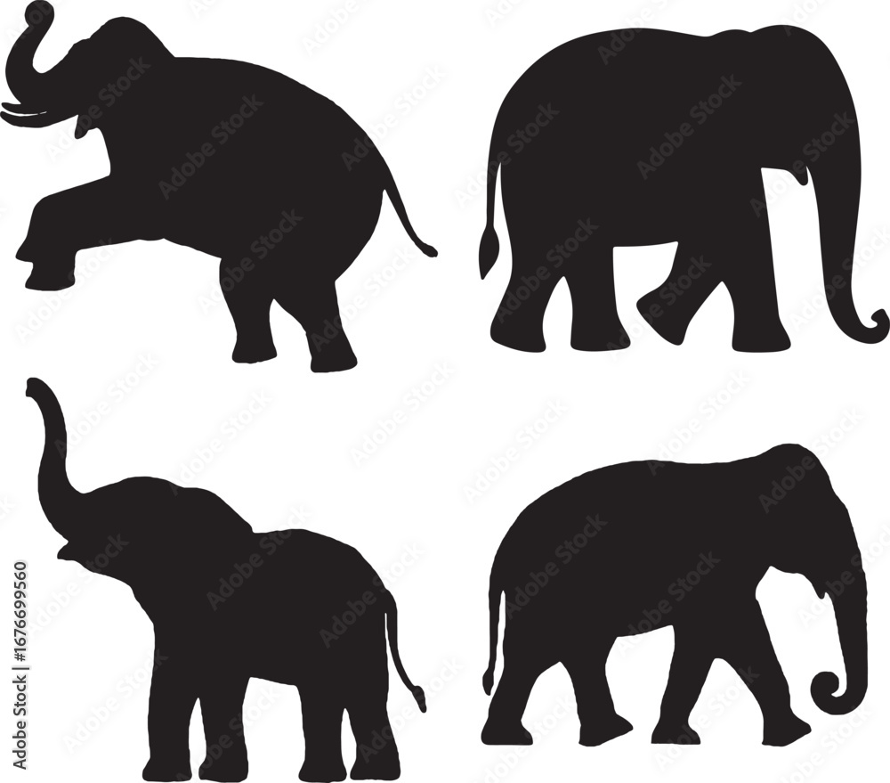Fototapeta premium Four black elephant silhouettes in various poses African elephant