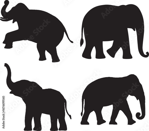 Four black elephant silhouettes in various poses African elephant
