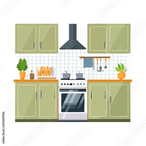 Illustration of a kitchen with cabinets, stove, hood, and various kitchenware.