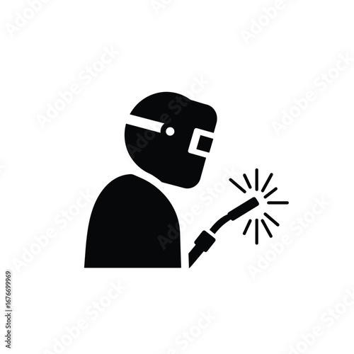 Icon of a welder with a mask and welding torch with sparks.
