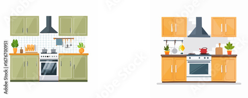 Set of two modern kitchen interiors with different color schemes, featuring stoves, cabinets, and utensils.