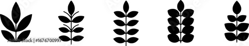 A collection of five black silhouettes of wheat stalks, each with a slightly different arrangement of leaves.