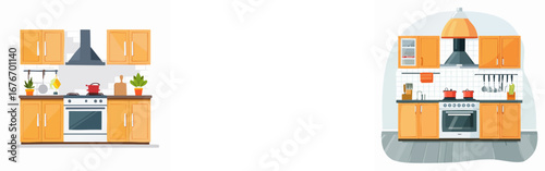 A modern kitchen interior with orange cabinets, a stove, and a range hood, decorated with plants and kitchenware.