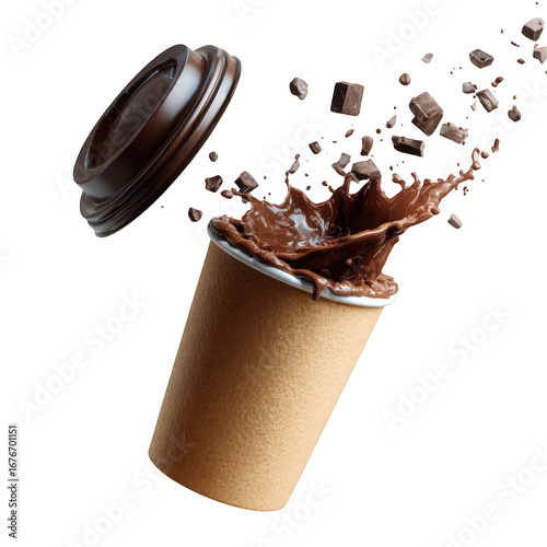 Chocolate drink exploding from a paper cup
