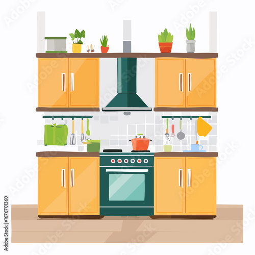 A modern kitchen interior with yellow cabinets, a green stove, and cooking utensils, depicted in a flat vector illustration style.