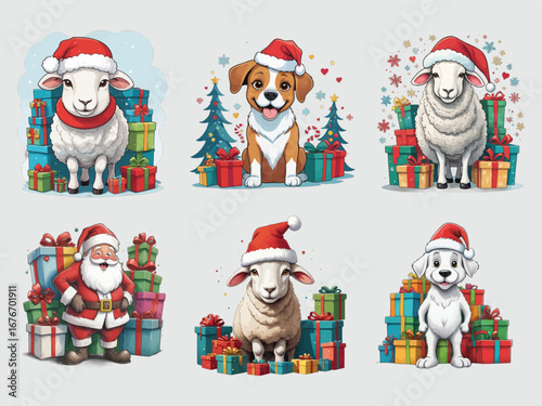 Vector art of festive animals celebrating christmas with gifts