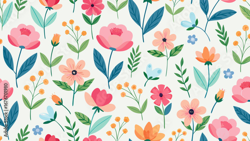 Vector art of seamless floral pattern with colorful flowers and leaves, perfect for textile, wallpaper, and background design with a vintage touch