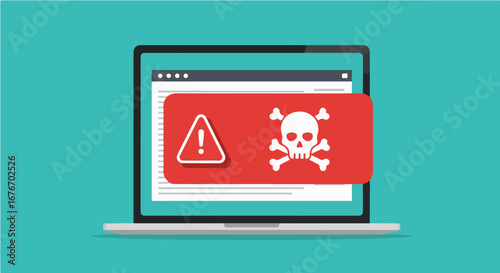 A laptop screen displaying a red warning message with a skull and crossbones, indicating a potential threat.