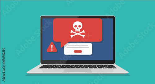 Laptop screen showing a skull and crossbones icon in a red speech bubble, indicating a virus or malware warning.