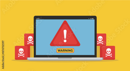 Laptop screen displays a virus warning alert, surrounded by skull and crossbones symbols, indicating a serious cybersecurity threat.