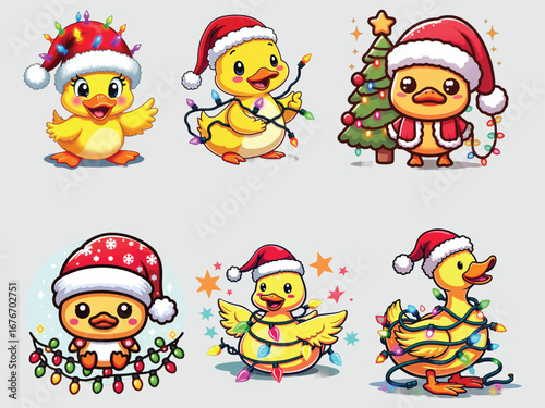 Vector art of cute christmas ducklings with santa hats