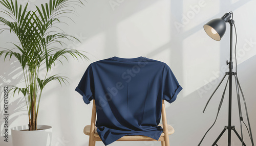 Minimalist T-shirt mockup back view navy blue apparel display draped over chair modern calm atmosphere