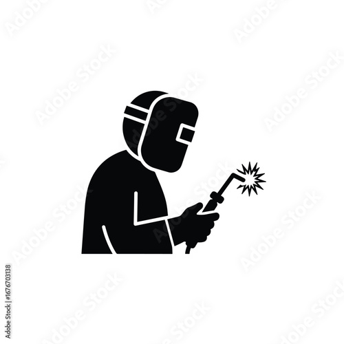 Welder with protective mask and torch producing sparks, industrial worker icon.