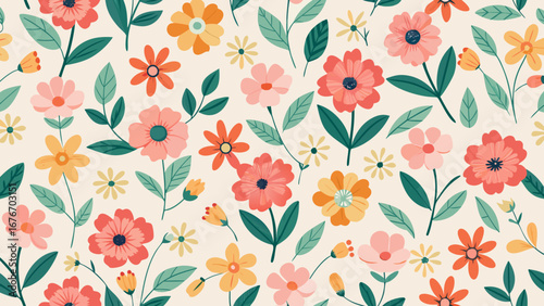 Vector art of seamless floral pattern with vibrant flowers and lush leaves, perfect for spring and summer designs, adding a touch of botanical beauty to any project