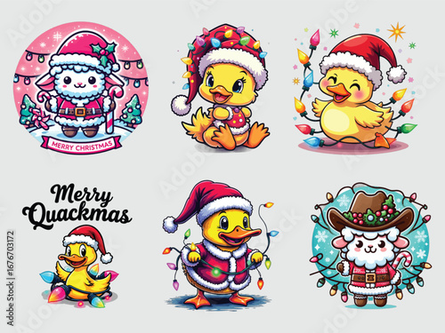 Vector art of festive christmas ducklings in santa attire