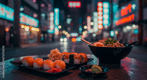 A savory bowl of ramen and fresh sushi set against the vibrant bokeh lights of a bustling urban street at night
