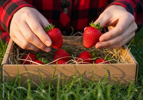 Hands placing fresh red strawberries into a straw filled cardboard box on green grass