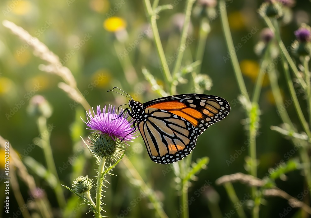Fototapeta premium Monarch butterfly rests on a vibrant purple thistle flower in soft sunlight