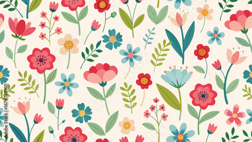 Vector art of seamless floral pattern with vibrant flowers and leaves, perfect for spring backgrounds, textile prints, and decorative designs around 121 characters