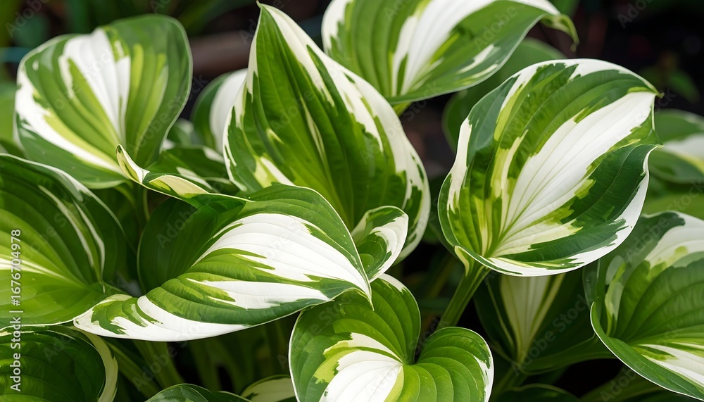 Obraz premium Close-up view of vibrant green and white hosta leaves with intricate patterns in a garden setting