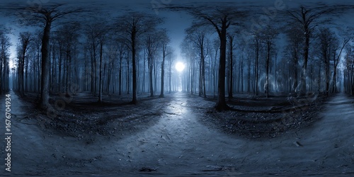 Fototapeta Naklejka Na Ścianę i Meble -  360 degree, dark forest path illuminated by the moon, with ghostly apparitions floating. HDRI spherical panorama.