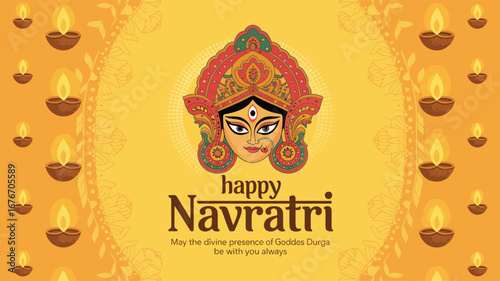 Happy Navratri greeting card with Goddess Durga’s face, oil lamps, and floral motifs on orange-yellow background, symbolizing divine celebration