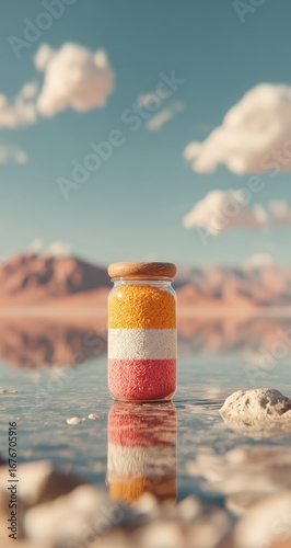 A glass jar filled with colorful, layered salt sits in a tranquil desert lake.  Sunlight illuminates the scene