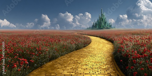 Fototapeta Naklejka Na Ścianę i Meble -  A High Resolution image of yellow brick road leading through poppy field to green emerald city in the distance. Wizard of Oz concept.