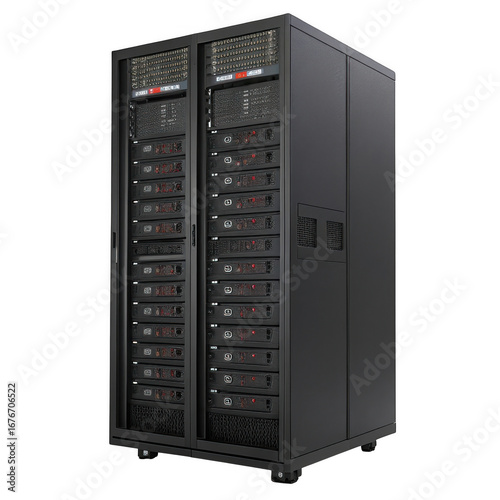 3d server rack with multiple hard drives isolated on transparent background