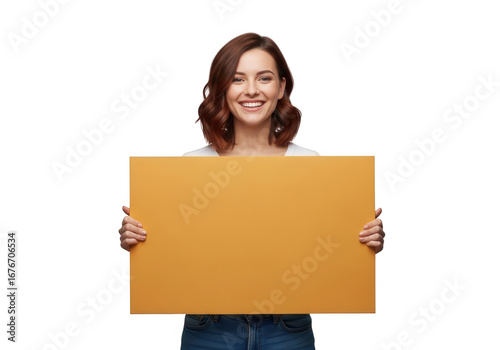 Young woman holds blank cardboard sign isolated on transparent background