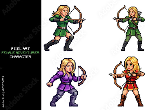 A pixel art depiction of an 8 bit female adventure character