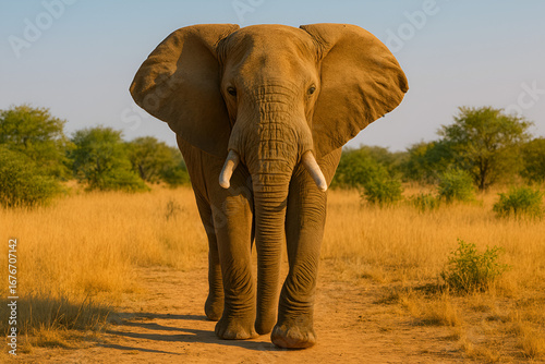 Elephant walking in African savanna with dry grass and trees in natural wildlife landscape