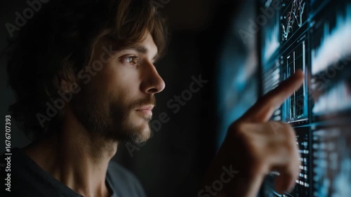 A man is looking at a computer screen and pointing at something. Closeup of person analyzing fairness and bias data graphs on futuristic monitors, ai governance ethics muted documentary