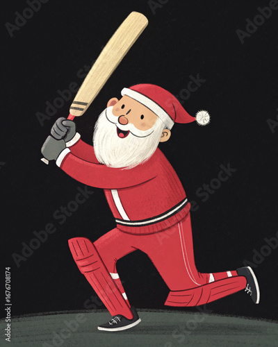 A jovial Santa Claus in a cricket uniform, swinging a bat with glee, celebrating the festive season with a playful match