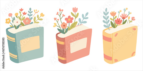 Vector art of three books with flowers