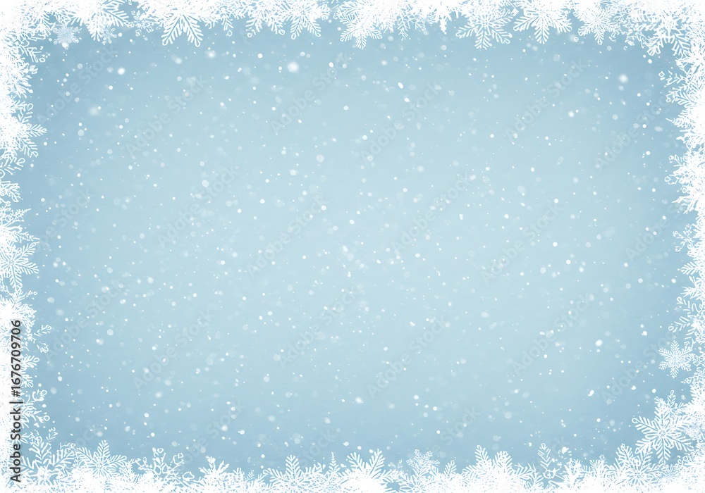 Fototapeta premium A festive winter background featuring a decorative frame of white snowflakes and falling snow.