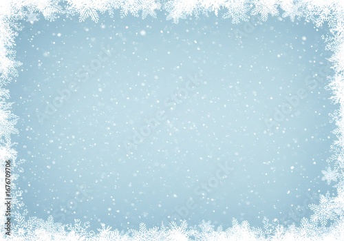 A festive winter background featuring a decorative frame of white snowflakes and falling snow.


