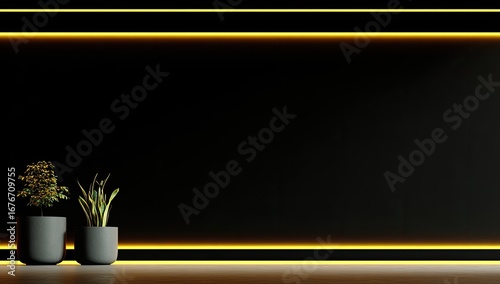 Dark, minimalist wall with glowing yellow border and potted plants