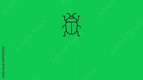 Minimalist black beetle outline moves across vibrant green background, signaling subtle animation and natural themes.