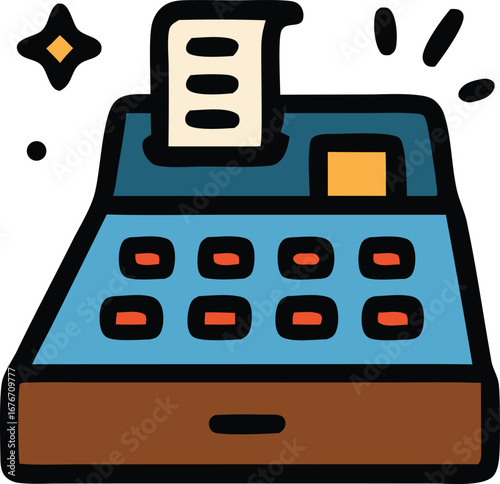 Illustrated cash register with receipt and sales star, ideal for retail store promotions, financial concepts, small business designs.