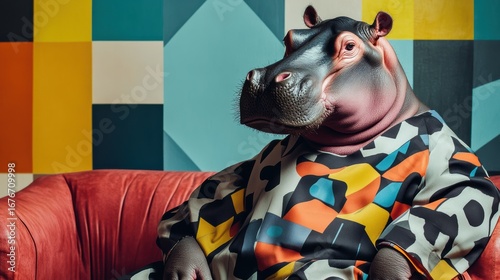 A whimsical image of a hippo dressed in a colorful patterned outfit, sitting on a plush couch against a vibrant geometric backdrop.