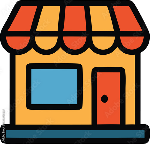 Store buildings with striped awnings invite customers in for a pleasant shopping experience. Suitable for retail, real estate, and marketing.