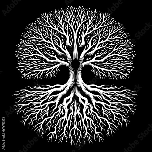 Black and White Vector Silhouette T-Shirt Design of Tree Roots Spreading