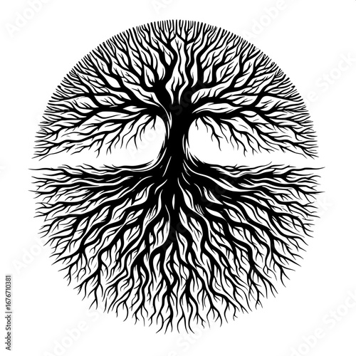 Black and White Vector Silhouette T-Shirt Design of Tree Roots Spreading