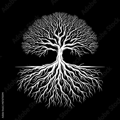 Black and White Vector Silhouette T-Shirt Design of Tree Roots Spreading