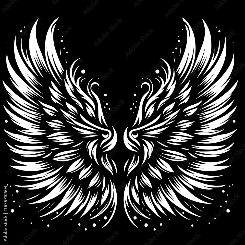 Obraz premium Black and White Vector Silhouette T-Shirt Design of Wings Spread Open