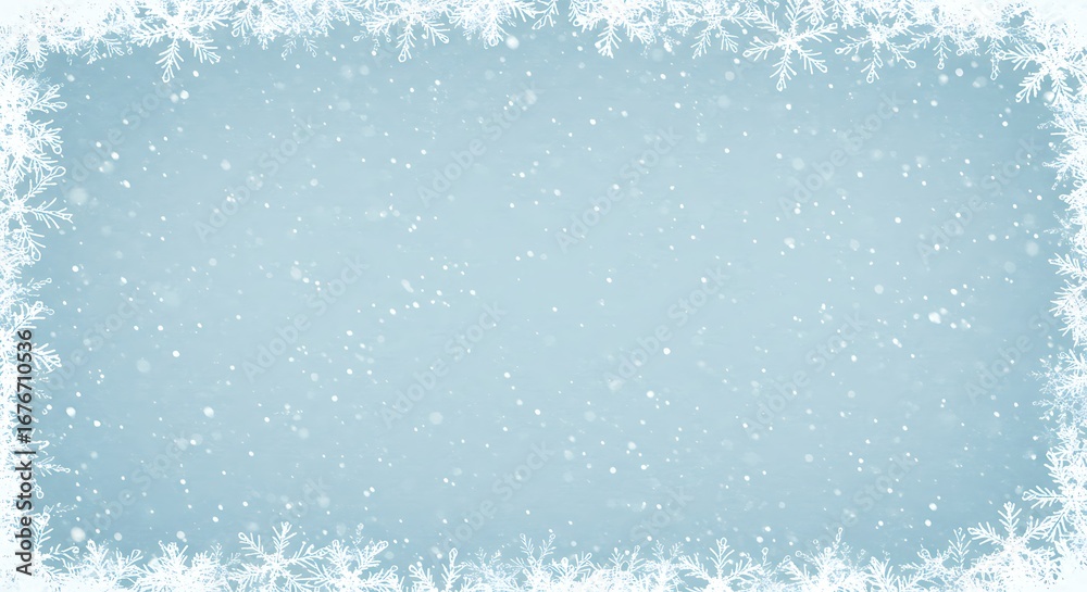 Fototapeta premium A festive winter background featuring a decorative frame of white snowflakes and falling snow.